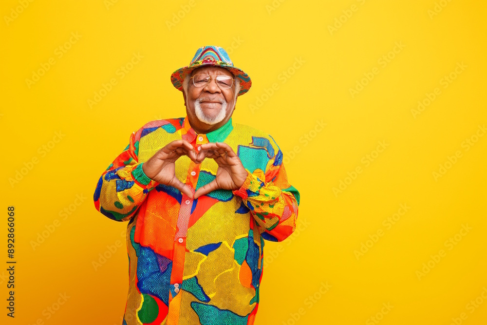 Elderly man in colorful outfit making heart shape with hands against yellow background. Concept for love, cheerful personality, and joyful senior Elderly man in colorful outfit making heart shape with hands against yellow background. Concept for love, cheerful personality, and joyful senior
