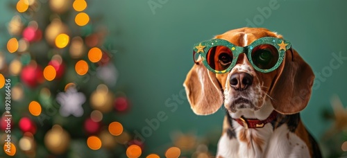 Beagle Wearing Christmas Hat and Glasses
