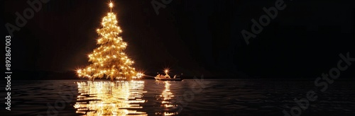 Illuminated Christmas Tree On Water At Night