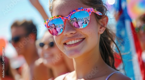 Girl Smiling in Pink Sunglasses at Summer Festival