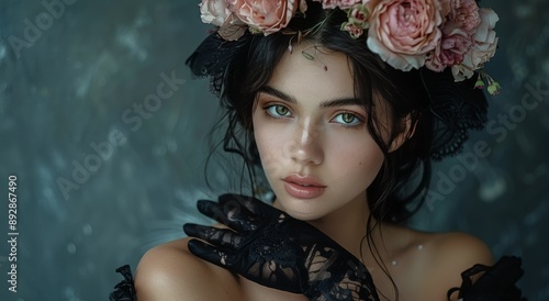 Woman Wearing Flower Crown and Gloves