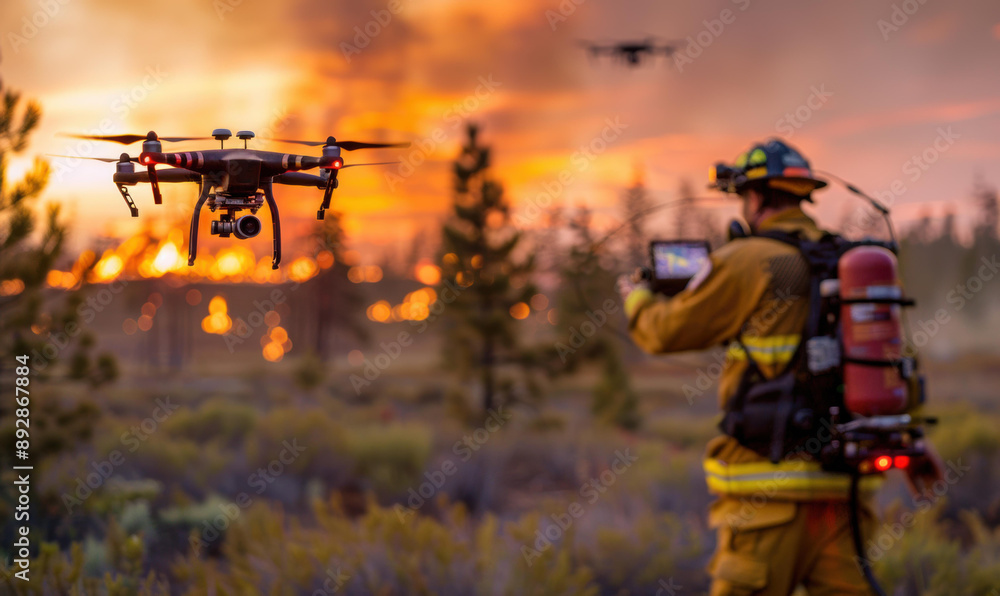 A firefighter uses a drone to survey a wildfire. AI. A firefighter uses a drone to survey a wildfire. AI.