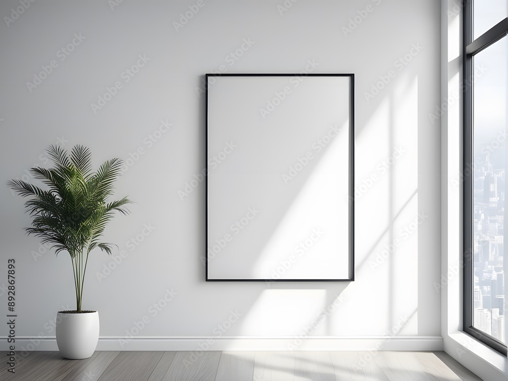 Fototapeta premium a plant in the corner and an empty black frame mockup