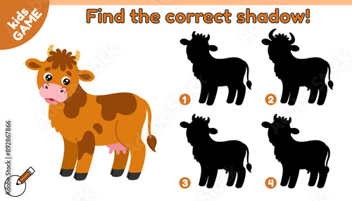 Educational kids game. Find the correct shadow. Farm cartoon cow. Cute farm animal. Puzzle for preschool and school children. Worksheet for kindergarten education. Baby vector colorful illustration.