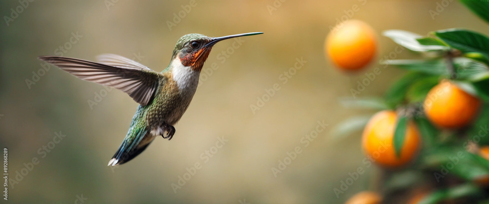 Fototapeta premium Hummingbird near an orange tree. Flight of a hummingbird. Nature banner