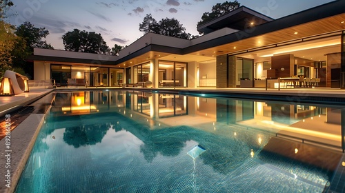 Elegant contemporary villa with a crystal-clear pool, surrounded by sophisticated evening lighting. Stunning, crisp, vivid, detailed, high- © design master