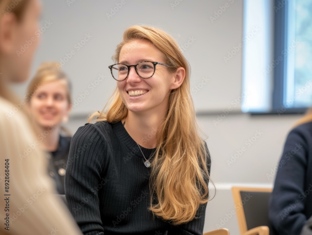 A woman with a big smile looks to the side while sitting in a group. AI. A woman with a big smile looks to the side while sitting in a group. AI.