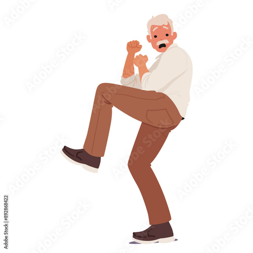 Frightened Elderly Man With A Shocked Expression, Depicting Fear And Anxiety. Old Male Character Is Mid-motion
