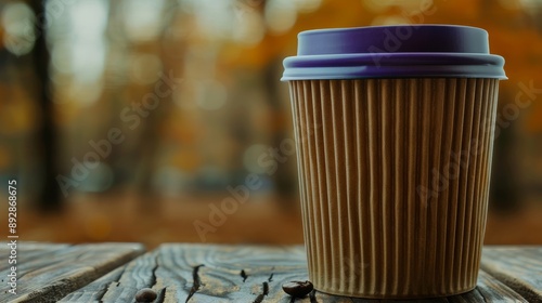 Autumn-Themed Mockup Empty Disposable Coffee Cup Against a Blurry Background of Fall Colors