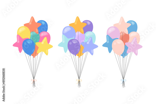 Colorful balloons bunch isolated. Set of vector illustrations. Decorative flat elements for Birthday, parties, events and other celebrations designs. Various festive balloons