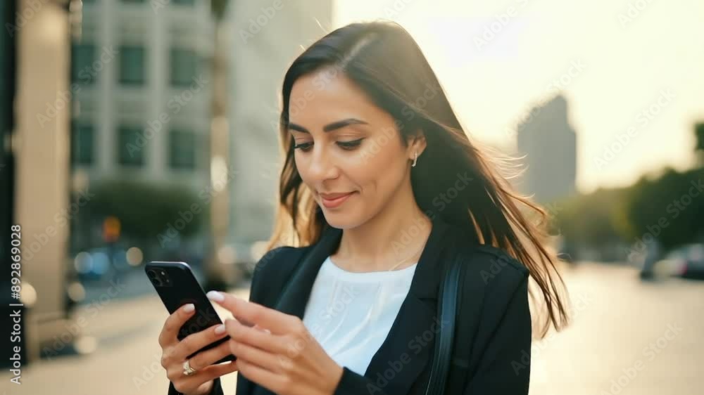 Young woman walking street texting on phone