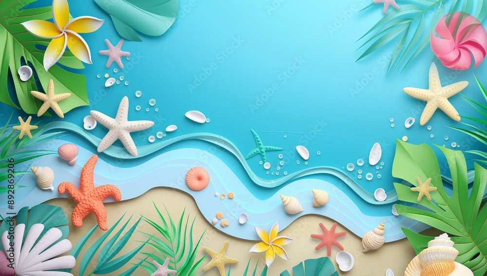 A vibrant 3D illustration featuring a beach scene with starfish, seashells, tropical flowers, and palm leaves scattered on sandy waves meeting a turquoise sea under a clear sky. A vibrant 3D illustration featuring a beach scene with starfish, seashells, tropical flowers, and palm leaves scattered on sandy waves meeting a turquoise sea under a clear sky.