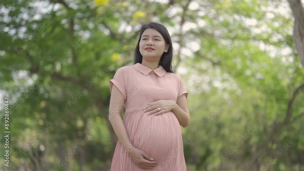 A portrait of happy Asian pregnant woman walking in public garden park on vacation. Love of mother. Having a baby. Family people lifestyle. A portrait of happy Asian pregnant woman walking in public garden park on vacation. Love of mother. Having a baby. Family people lifestyle.