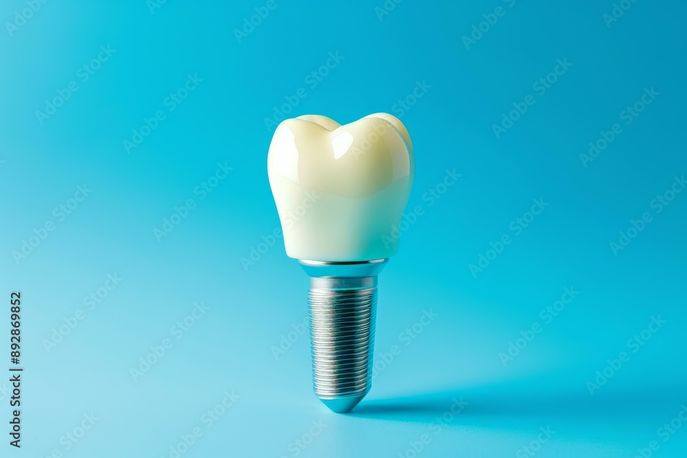 Minimalist image of a molar toothshaped dental implant against a vibrant blue backdrop Minimalist image of a molar toothshaped dental implant against a vibrant blue backdrop
