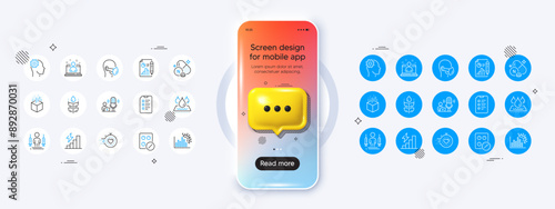 Phone mockup with 3d chat icon. Engineering, Consumption growth and Gluten free line icons. Pack of Augmented reality, Report document, Waterproof icon. Vector