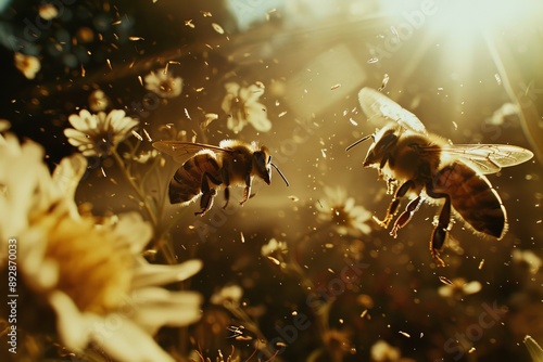 Bees on flower petals  a symbolic fusion embodying elements of schizocore and dazecore aesthetics photo