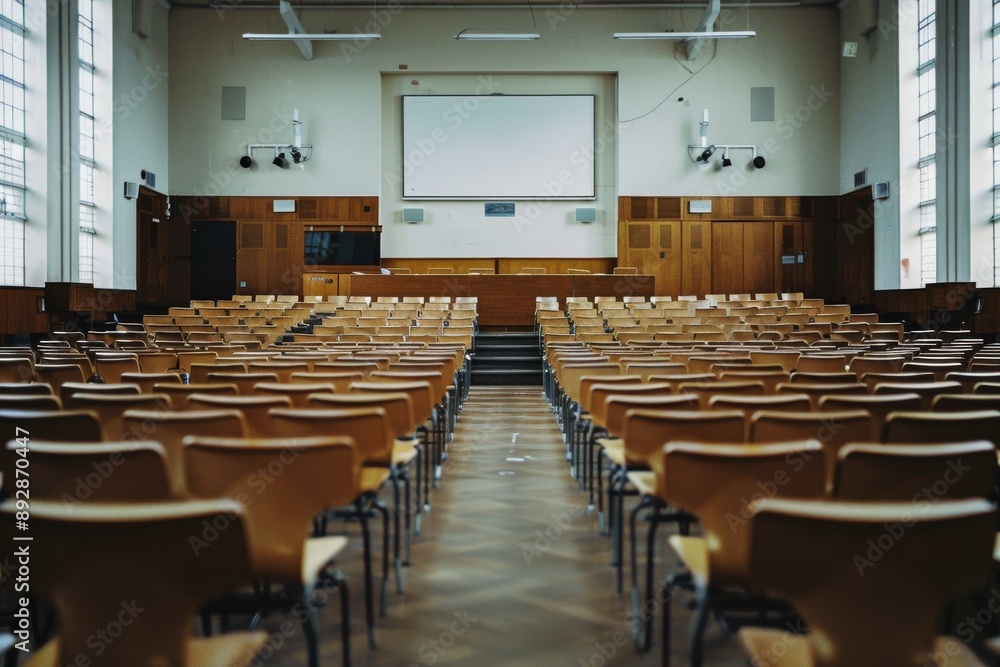 Naklejka premium Empty lecture hall with wooden chairs facing large white projector screen in university classroom for educational use