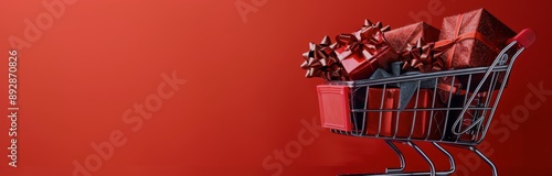Shopping Cart Full of Gifts on Red Background