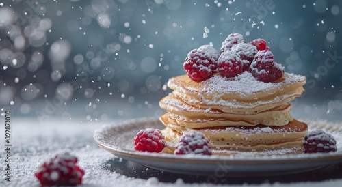 Stack of Pancakes With Powdered Sugar and Raspberries
