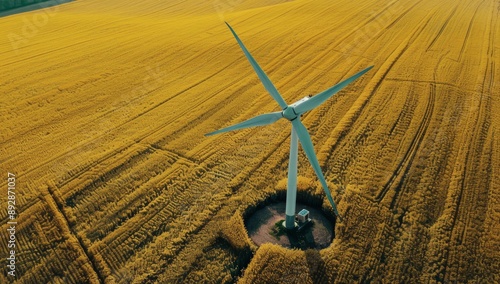 Aerial View of Wind Turbine in Field