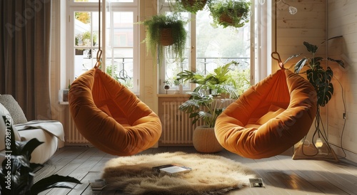 Orange Hanging Chairs in a Cozy Living Room