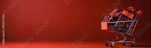 Shopping Cart Full of Gifts on Red Background