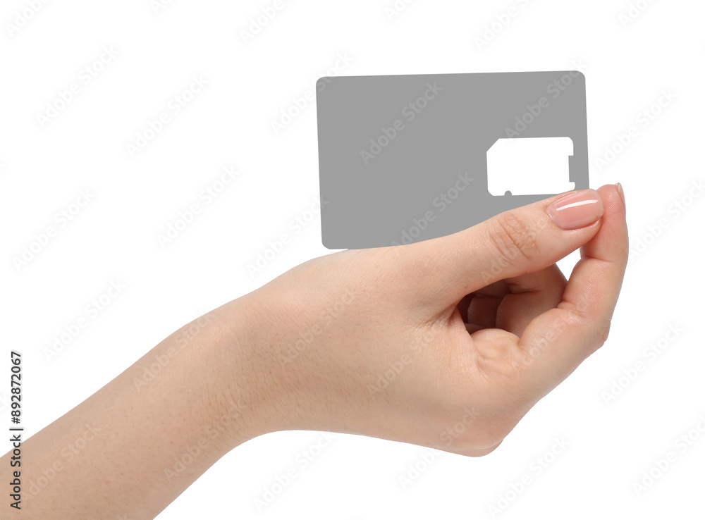 Woman holding SIM card holder on white background, closeup Woman holding SIM card holder on white background, closeup