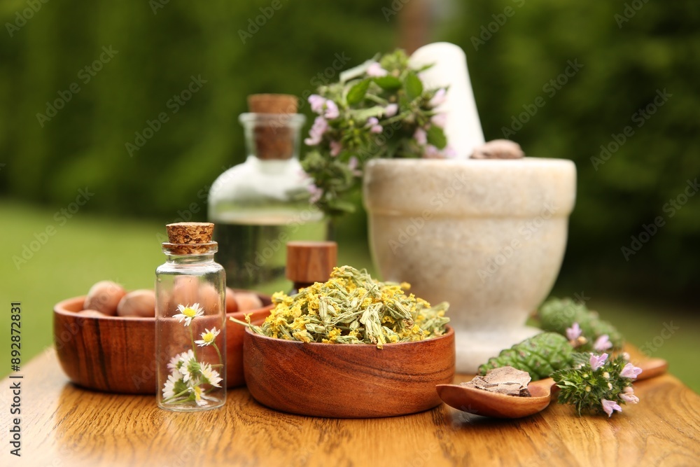 Different ingredients for tincture, bottles, mortar and pestle on wooden table outdoors Different ingredients for tincture, bottles, mortar and pestle on wooden table outdoors