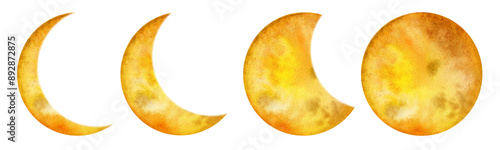 A set of different phases. Halloween, night. watercolor illustration, hand-drawn. A decorative element for design and decoration. Drawing of a satellite, new moon, full moon..