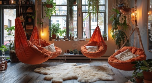 Orange Hanging Chairs in a Cozy Living Room