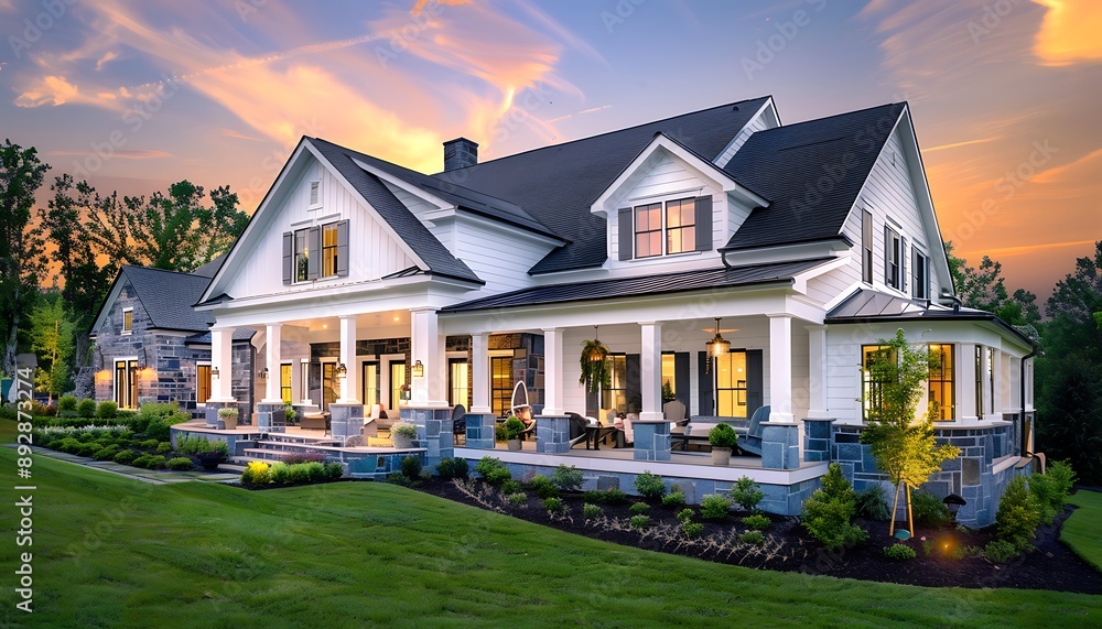 Elegant house with a large porch, white cladding, blue stone walls, grey shutters, lush landscaping, green grass, and trees at sunset. Elegant house with a large porch, white cladding, blue stone walls, grey shutters, lush landscaping, green grass, and trees at sunset.