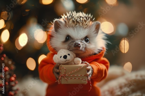 Hedgehog Wearing Orange Hoodie Holding Gift