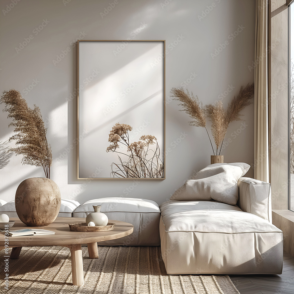 Aesthetic minimalist room interior design. Mockup picture frames. Mock up poster on the walls. Copy space. Clean scandi apartment for decoration. Neutral colors. Modern style. Aesthetic minimalist room interior design. Mockup picture frames. Mock up poster on the walls. Copy space. Clean scandi apartment for decoration. Neutral colors. Modern style.
