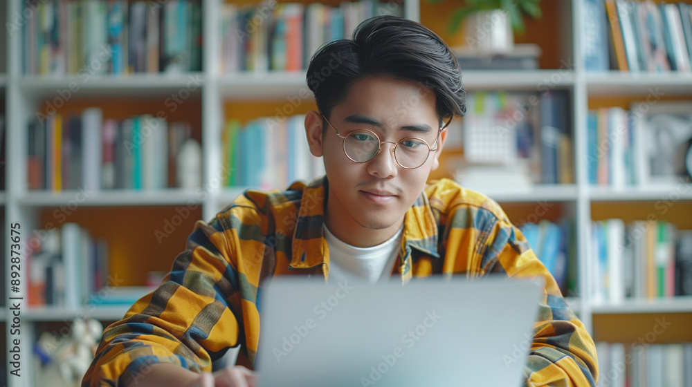 Obraz premium Asian student man in glasses use laptop. Remote work or home study