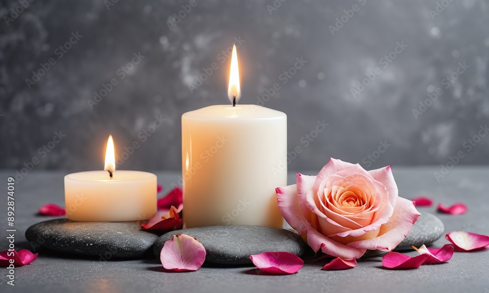White candle with a rose and flower petals on grey stone panoramic background with copy space White candle with a rose and flower petals on grey stone panoramic background with copy space