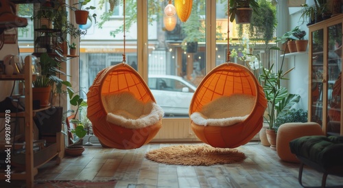 Orange Hanging Chairs in a Cozy Living Room