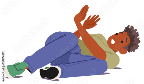 Frightened Person Lying On Ground With Expression Of Fear. Individual Is Shown In A Defensive Posture, Indicating Fear