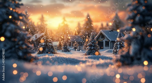 Snowy Mountain Village At Sunset