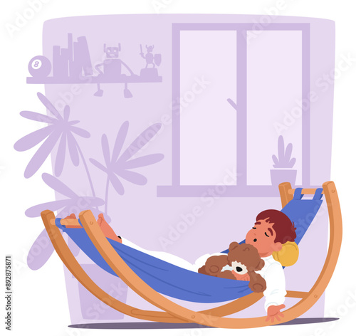 Young Child Character Sleeping Peacefully In A Hammock, Cuddling A Teddy Bear, Set In A Cozy Indoor Environment