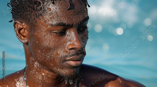 A close-up shot of a man with water droplets on his skin, capturing an intense expression while standing in a calm blue aquatic background, symbolizing tranquillity and introspection.