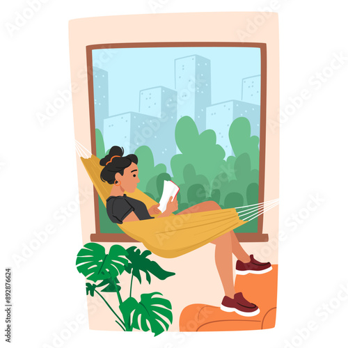 Cartoon Woman Relaxing In Hammock While Reading A Book Indoors. Vector Illustration Is Set Against A Backdrop Of Window