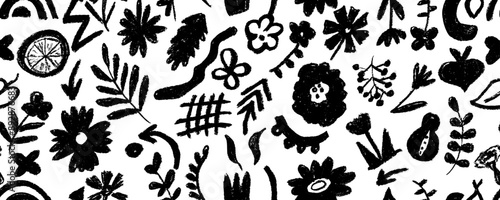 Trendy floral and geometric seamless pattern for fabric design. Flowers in Japanese style black and white texture. Summer vector illustration. Abstract grunge texture. Hand drawn brush pattern.