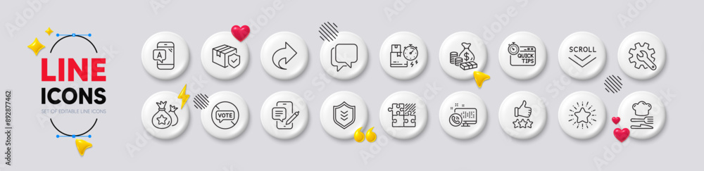 Parcel insurance, Scroll down and Phone chat line icons. White buttons 3d icons. Pack of Delivery time, Money, Star icon. Share, Quick tips, Stop voting pictogram. Vector Parcel insurance, Scroll down and Phone chat line icons. White buttons 3d icons. Pack of Delivery time, Money, Star icon. Share, Quick tips, Stop voting pictogram. Vector