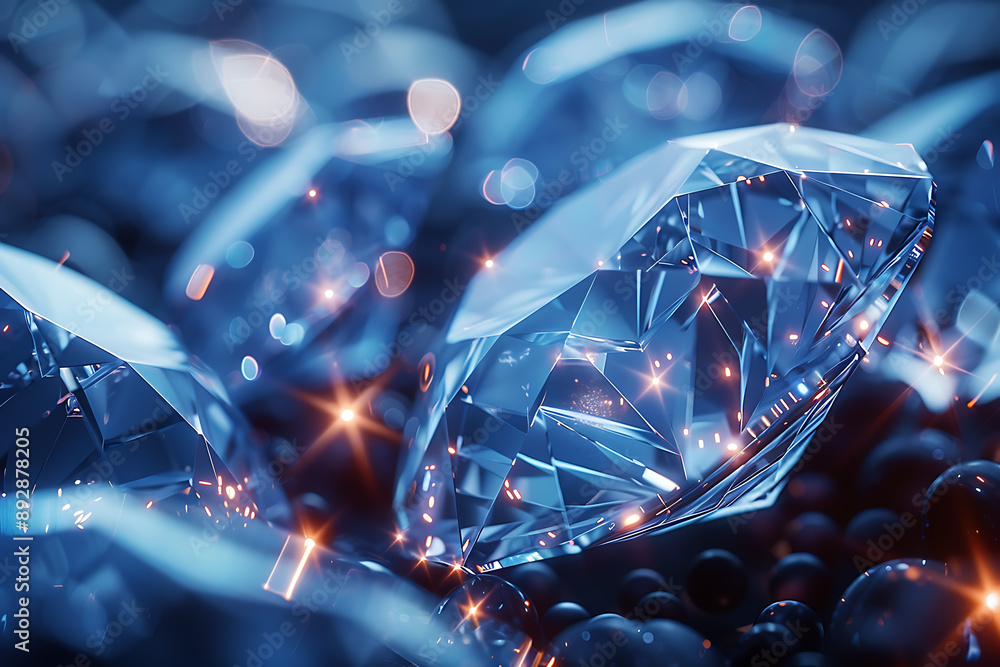 Fototapeta premium Shimmering diamonds displayed on a dark blue background, highlighting their brilliance and elegance