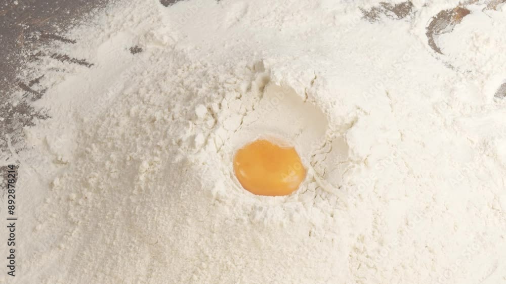 Slow motion of an egg falling in white flour before the dough is made. Slow motion of an egg falling in white flour before the dough is made.