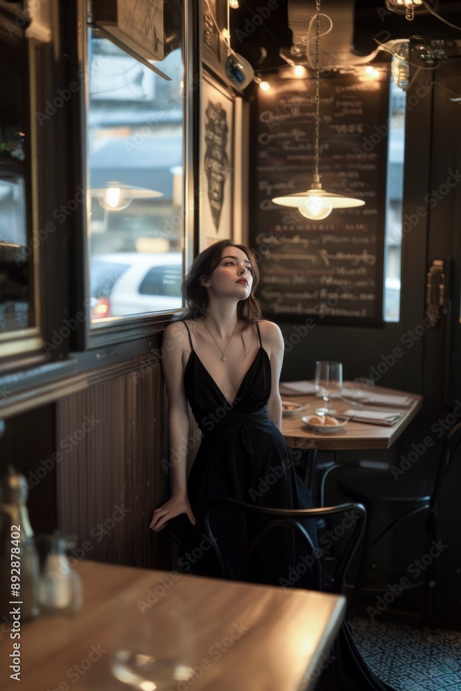 Woman in black dress sitting in a dimly lit cafe. Indoor portrait photography. Fashion and lifestyle concept Woman in black dress sitting in a dimly lit cafe. Indoor portrait photography. Fashion and lifestyle concept