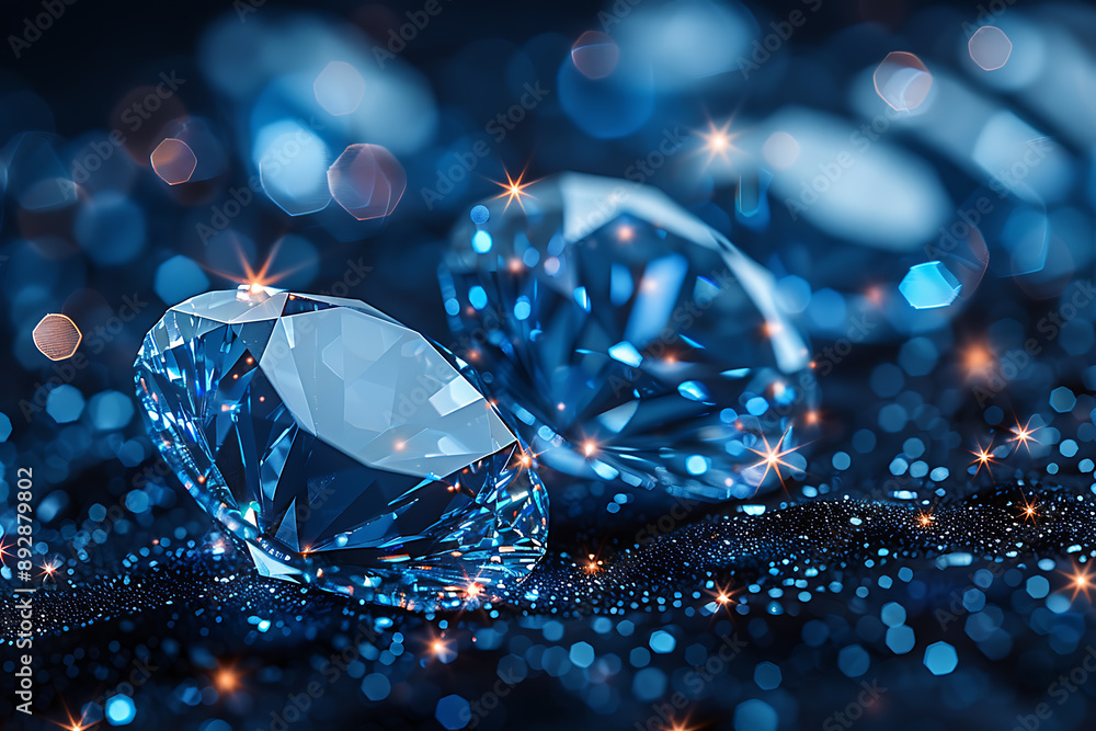 Shimmering diamonds displayed on a dark blue background, highlighting their brilliance and elegance Shimmering diamonds displayed on a dark blue background, highlighting their brilliance and elegance