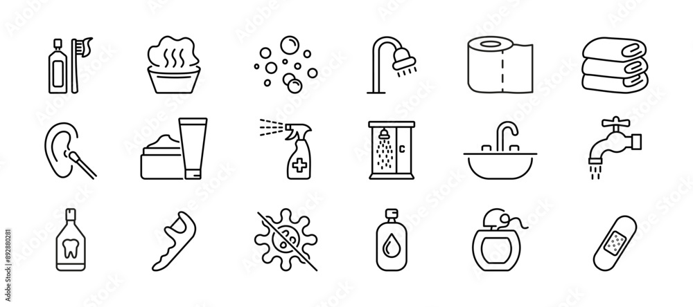 Hygiene line icons set. Washing hands, shower, bathing, cleaning, soap, antiseptic. Vector Hygiene line icons set. Washing hands, shower, bathing, cleaning, soap, antiseptic. Vector
