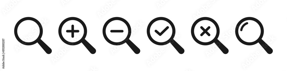 Obraz premium Search icon. Magnifying glass with plus, minus and check mark symbol. Vector