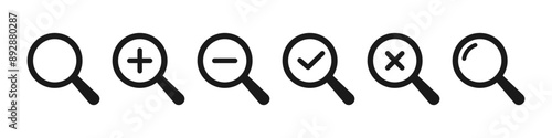 Search icon. Magnifying glass with plus, minus and check mark symbol. Vector